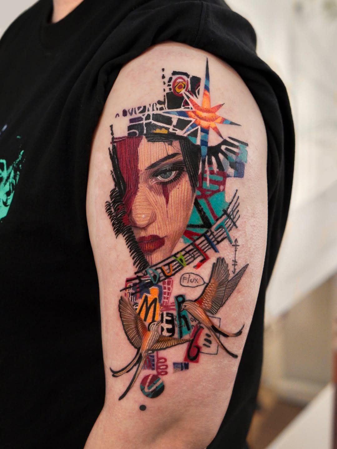 Vibrant abstract portrait fused with geometric collage and birds