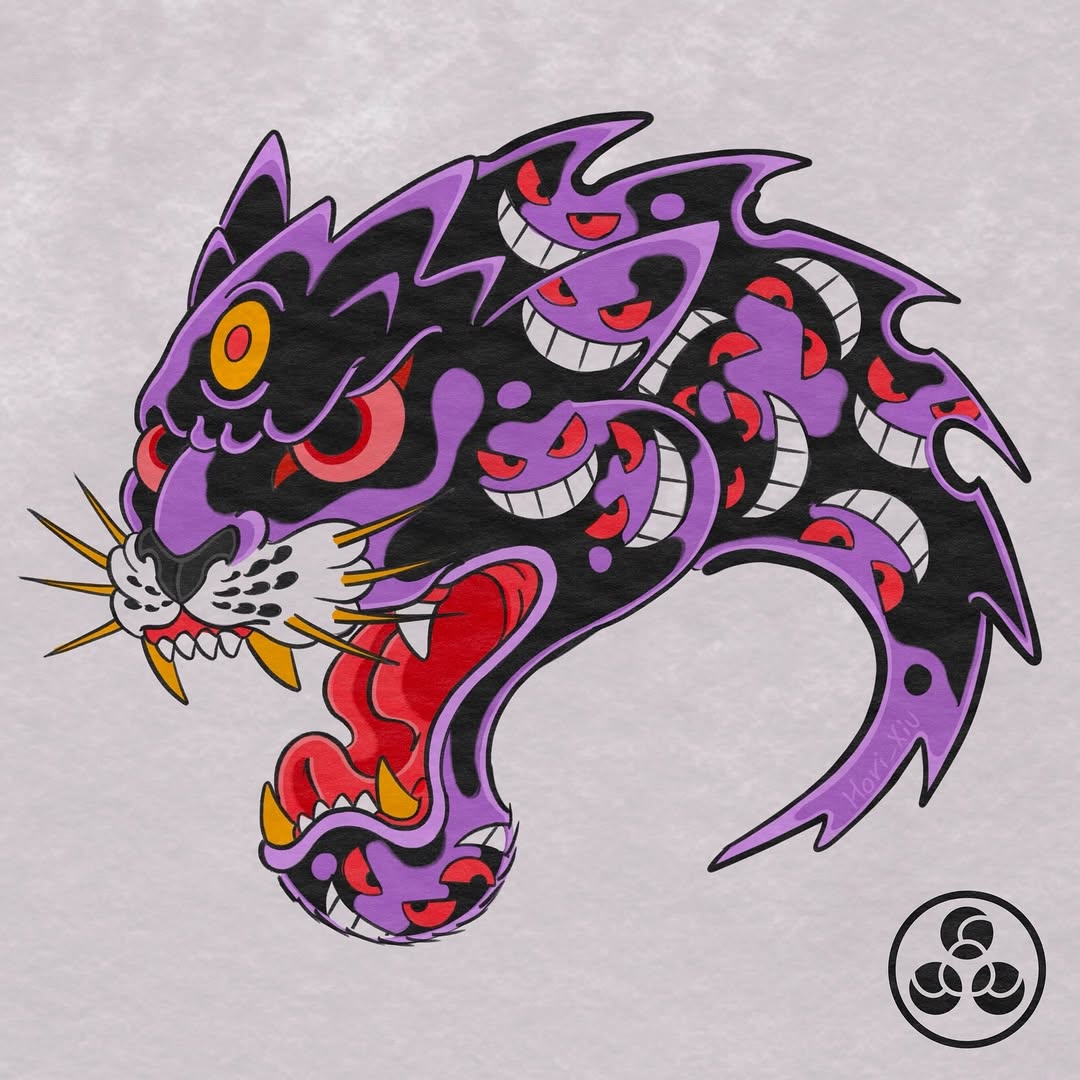 Gengar-inspired neon purple dragon-panther with many faces