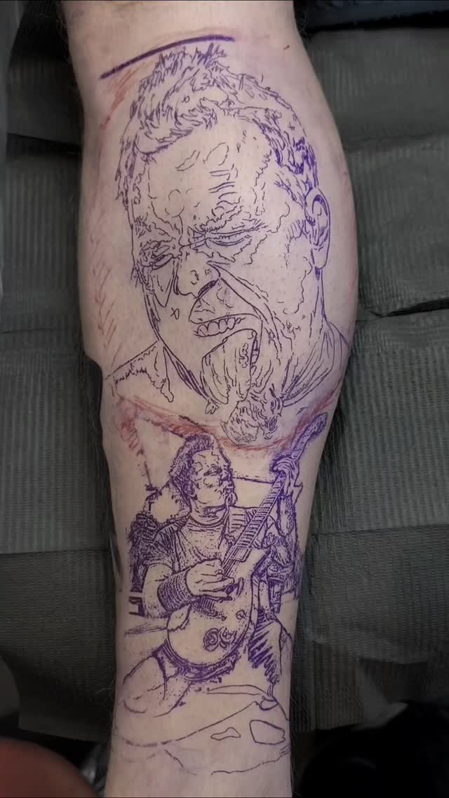 Dramatic Hetfield portrait in bold linework with guitarist scene