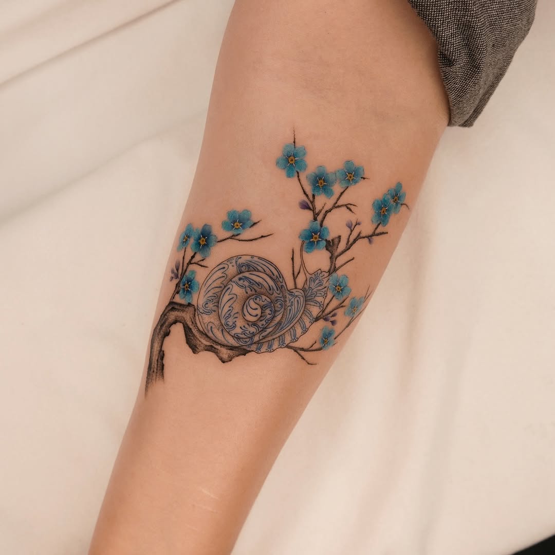 Delicate blue blossoms on black branches with ornate spirals