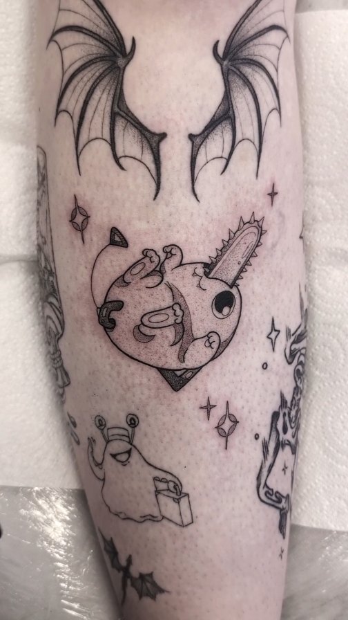 Whimsical Pochita from Chainsaw Man in bold linework