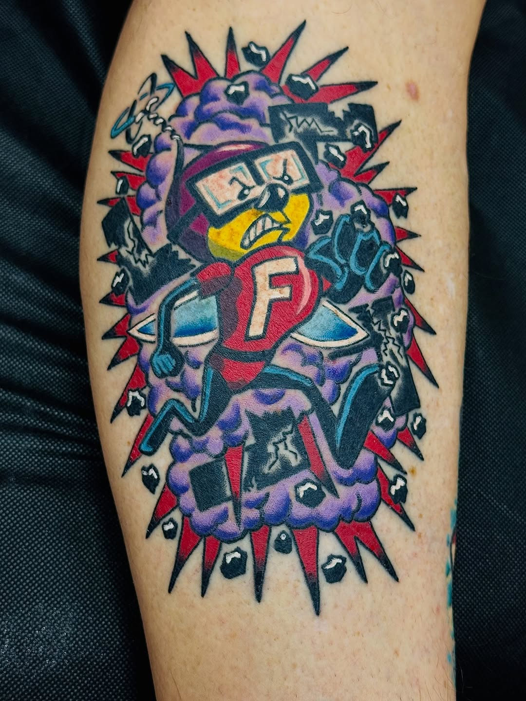 Vibrant retro cartoon fly superhero with explosive backdrop