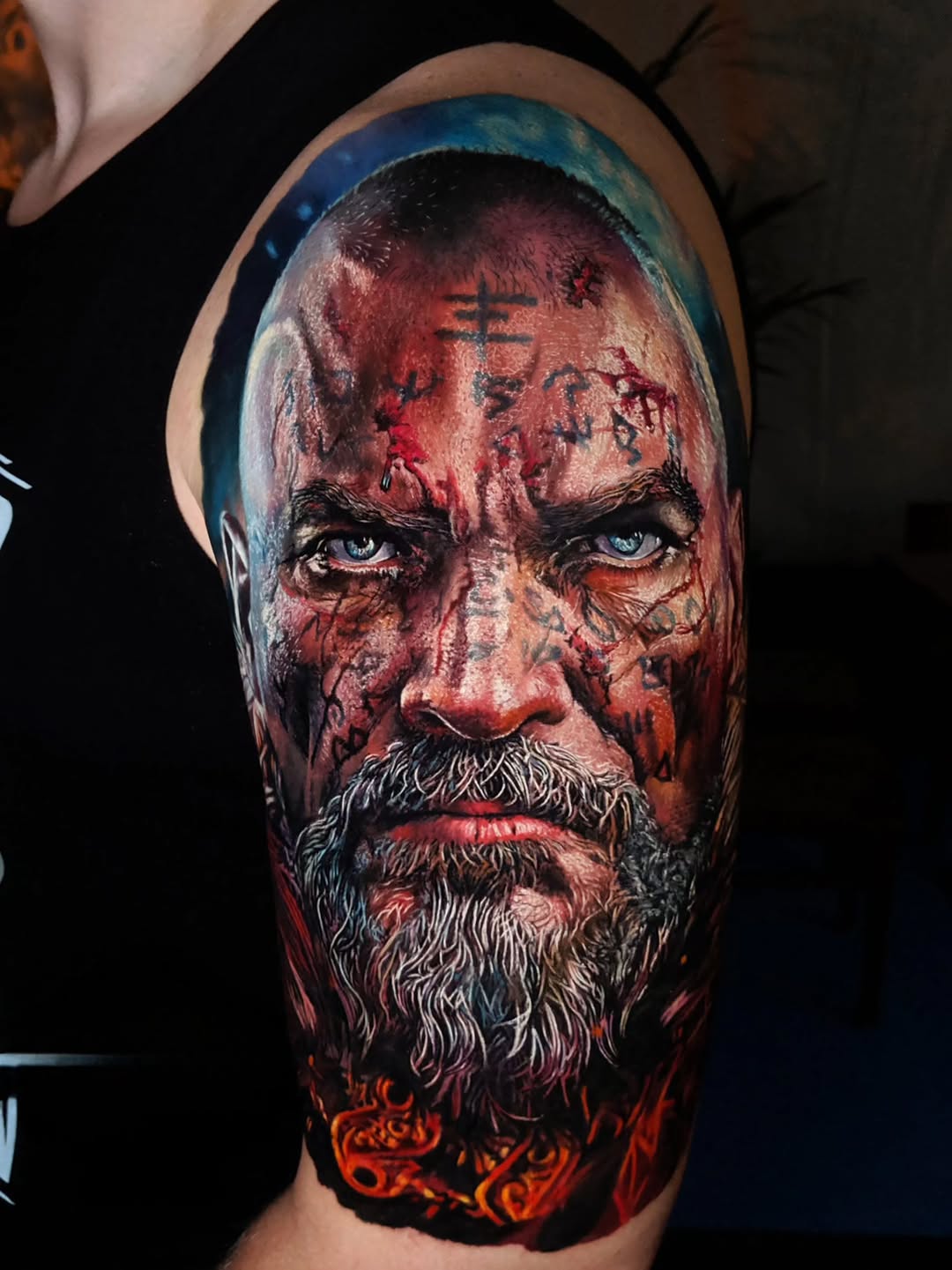 Hyper-realistic portrait of an elderly man with blue eyes