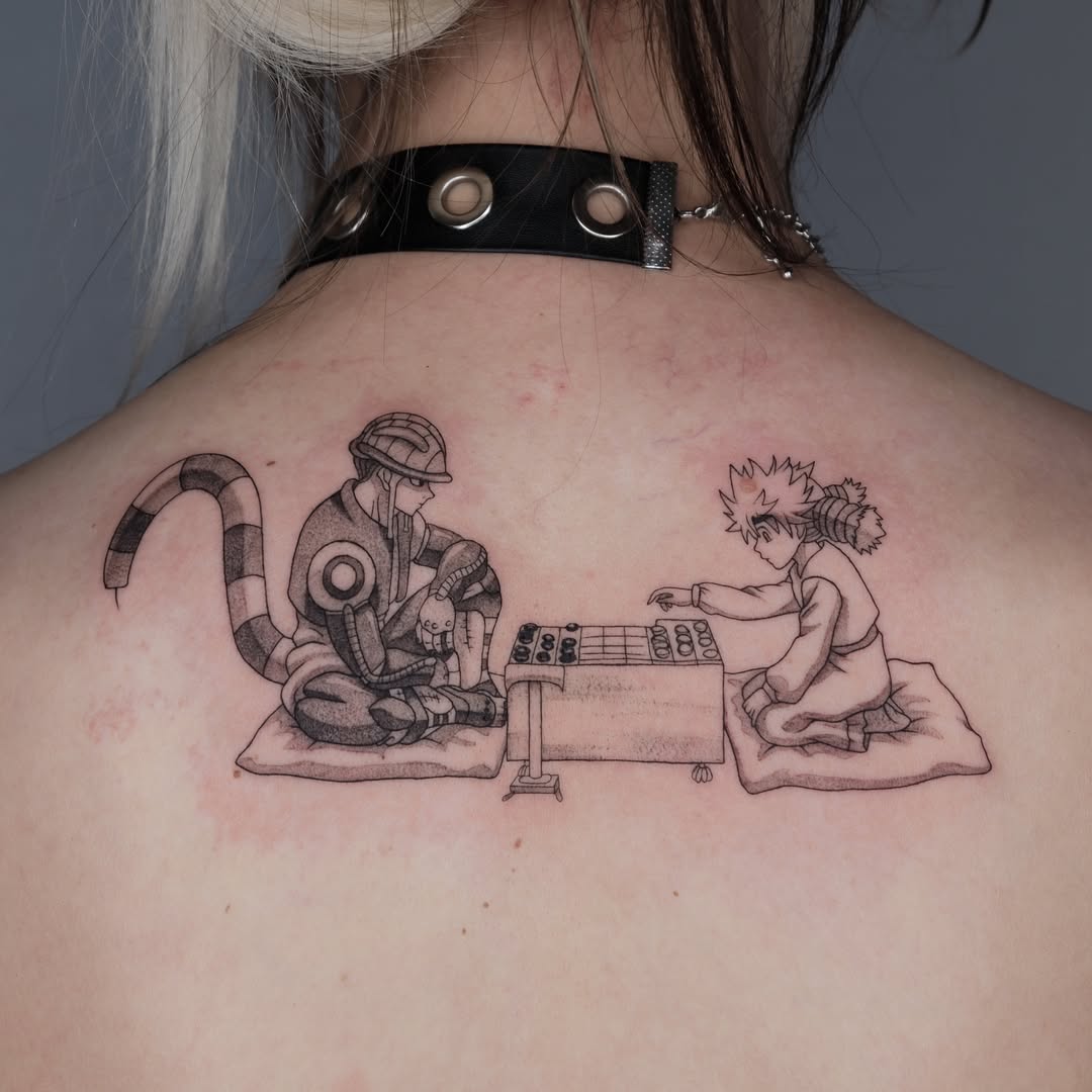 Linework tattoo of Komugi vs Meruem playing Gungi