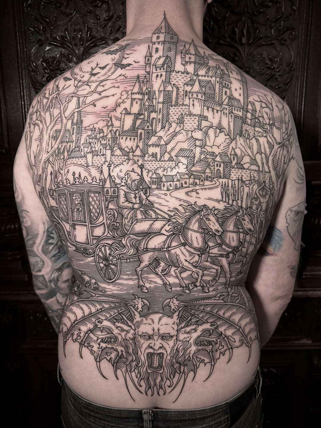 Grand blackwork backpiece: medieval castle, carriage, demon