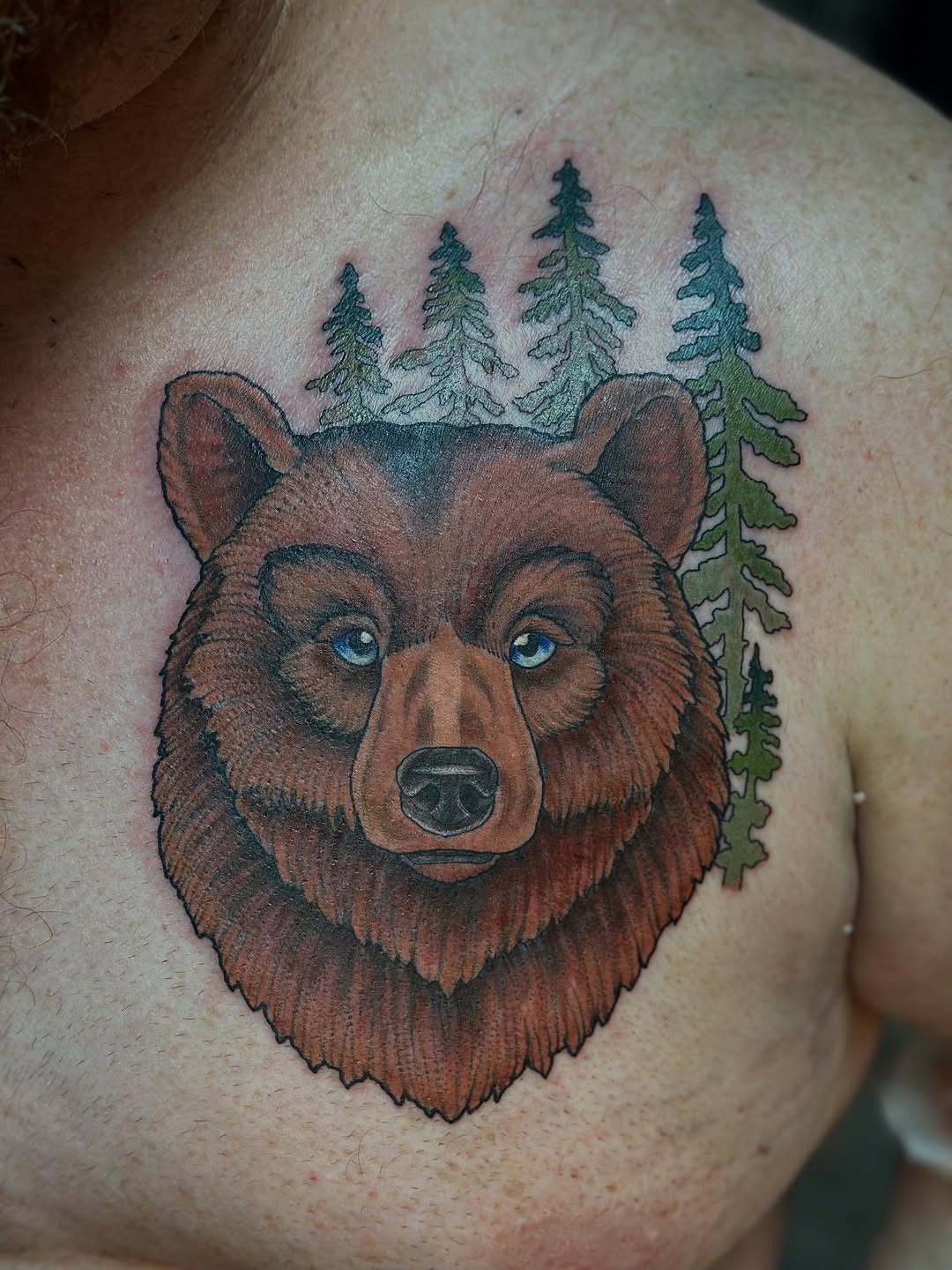 Vivid bear head with pine forest backdrop, bold colors.