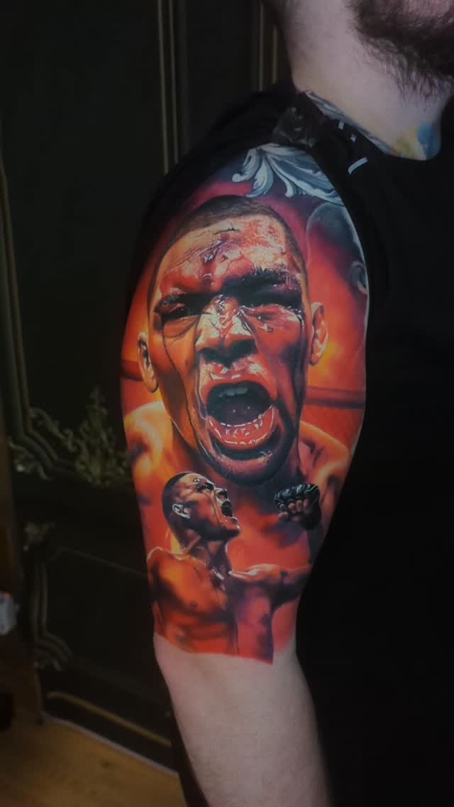 Hyper-realistic Mike Tyson portrait sleeve with fiery orange backdrop.