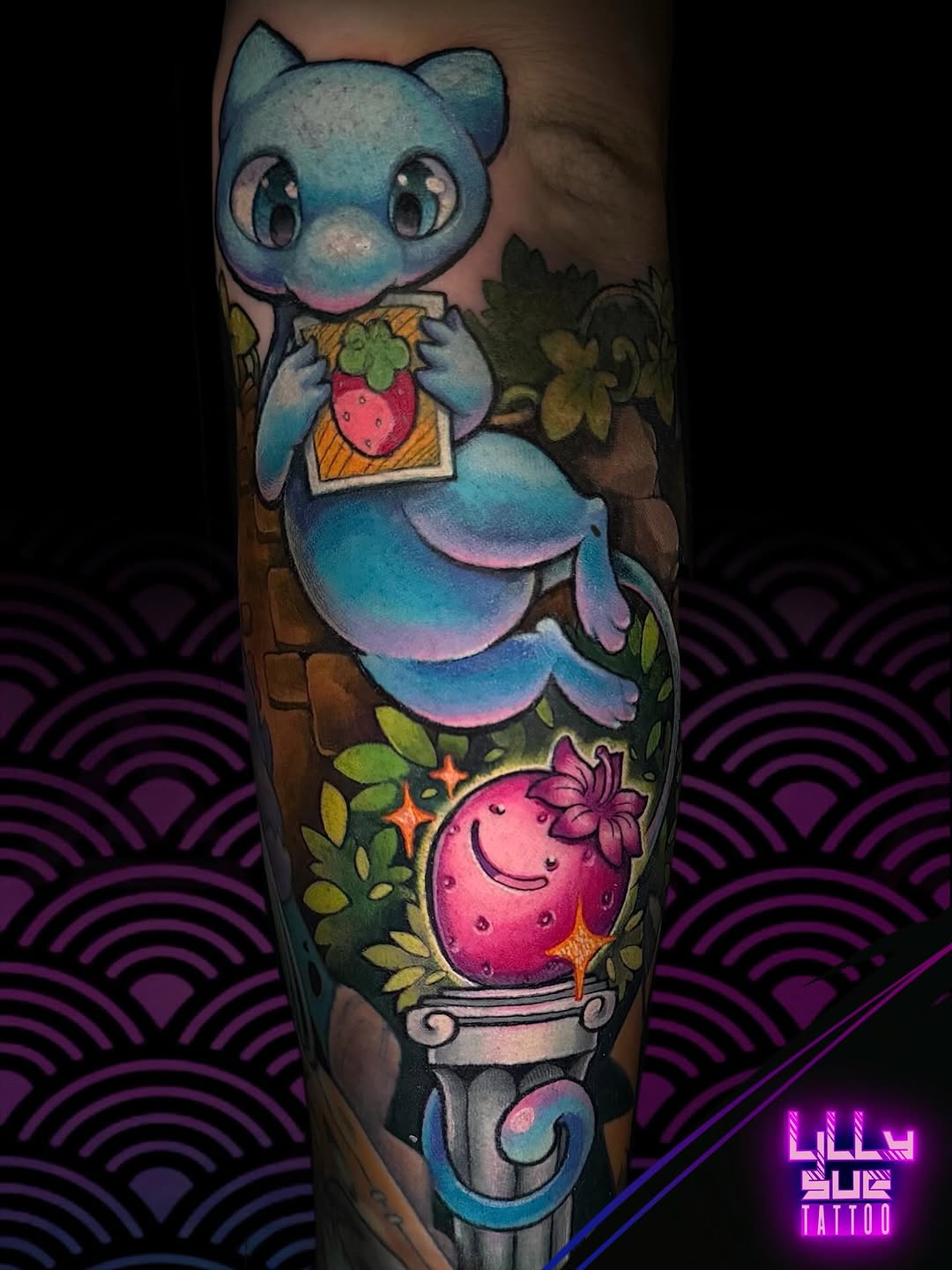 Vibrant neo-traditional Mew with strawberry motif on calf