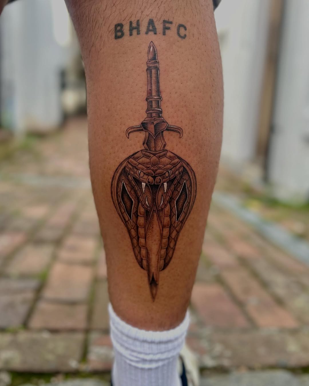 Monochrome dagger with cobra-hood guard, bold shading