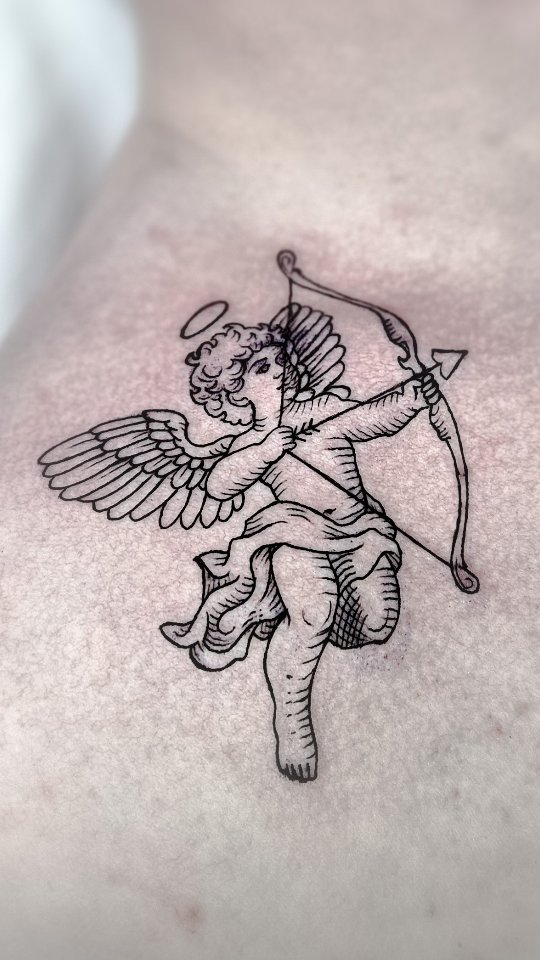 Classic winged Cupid archer in clean fine-line style