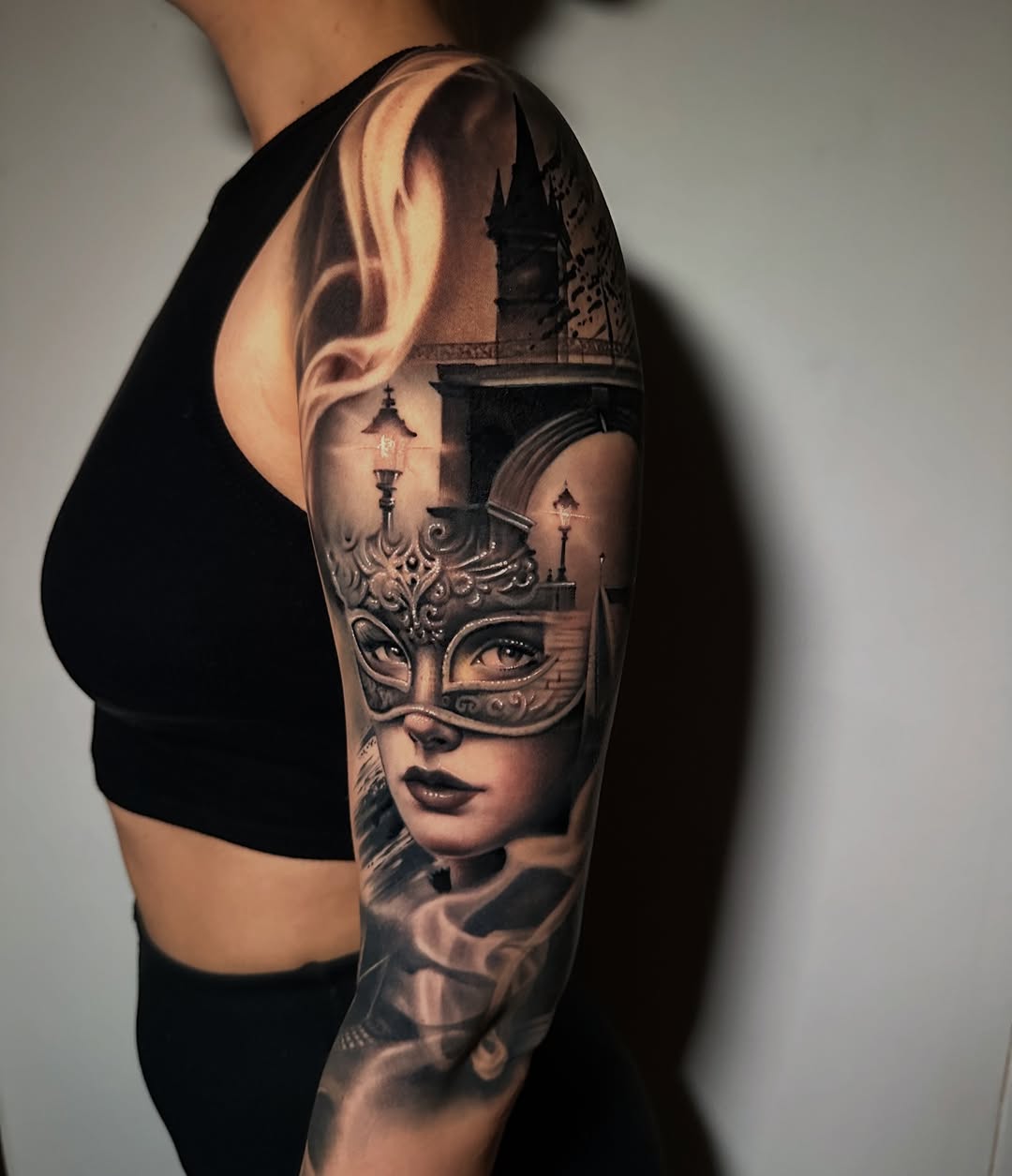 Hyper-realistic grayscale masquerade mask with urban backdrop.