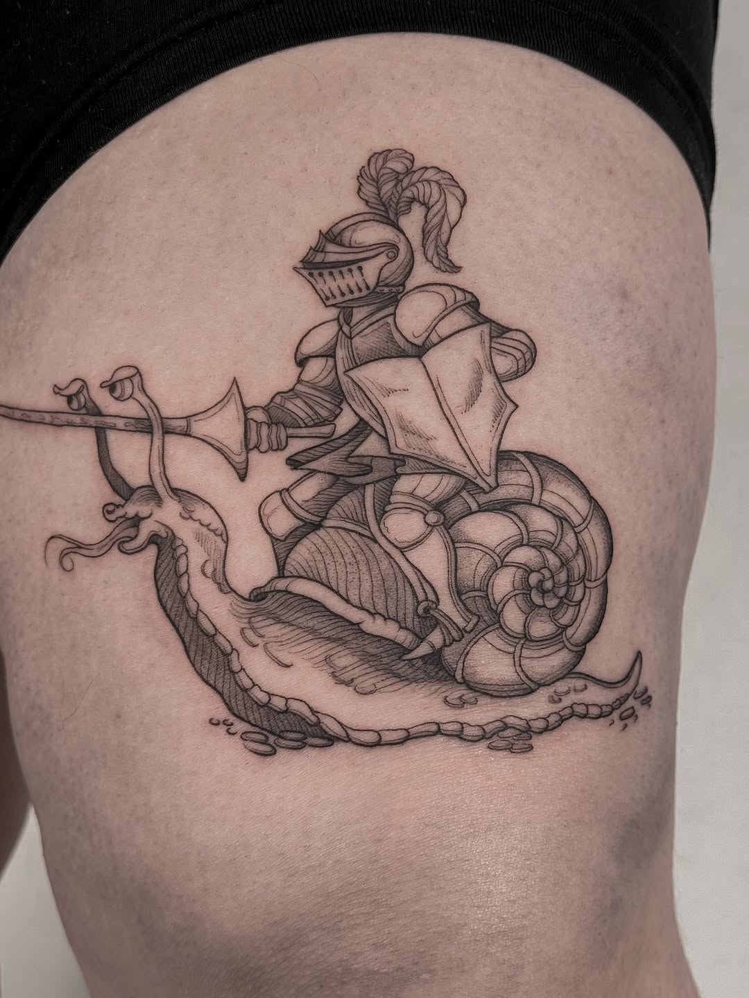 Engraving-inspired knight rides a colossal snail in ink.