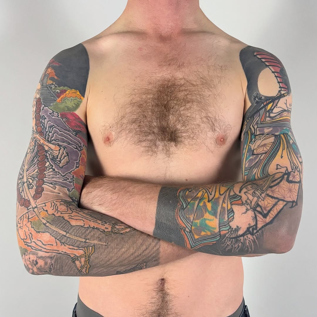 Vibrant full-sleeve designs with landscape and abstract elements