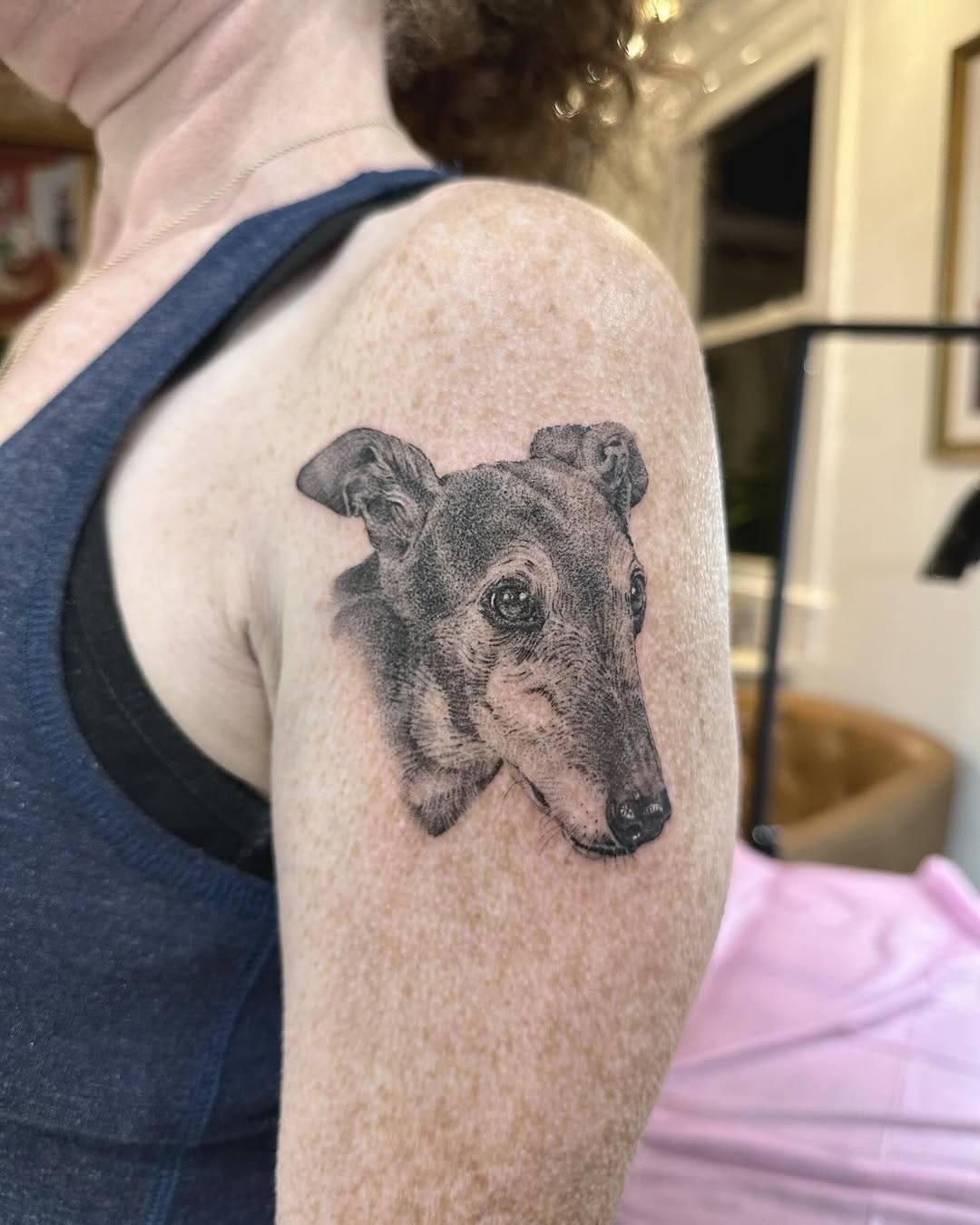 Fine-line dotwork portrait of a greyhound's head on shoulder
