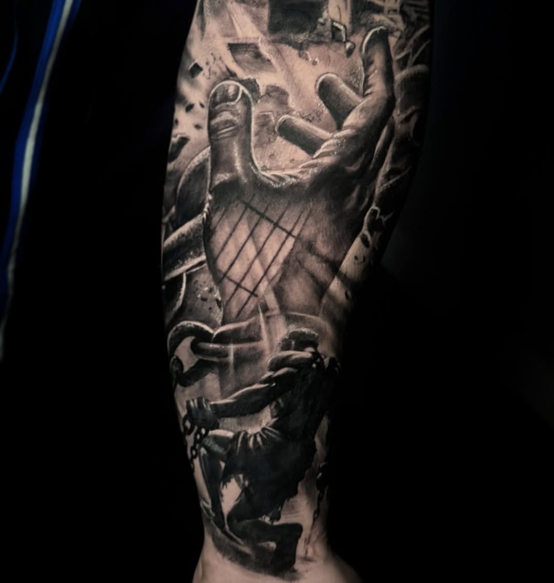 Hyper-detailed black-and-gray sleeve with a grasping hand and chains