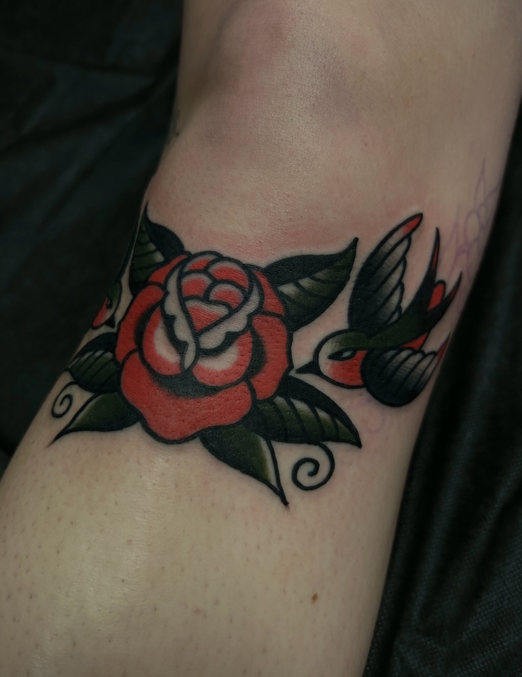 Bold red rose with dark outlines and looping leaves
