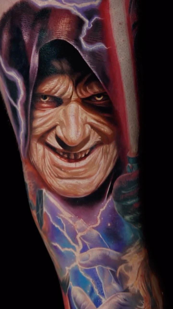 Hyper-realistic Sidious portrait with electric lightning accents