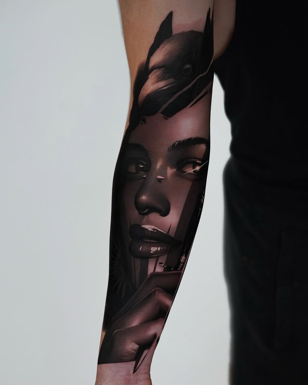 Hyperreal grayscale portrait of a woman with glass shards