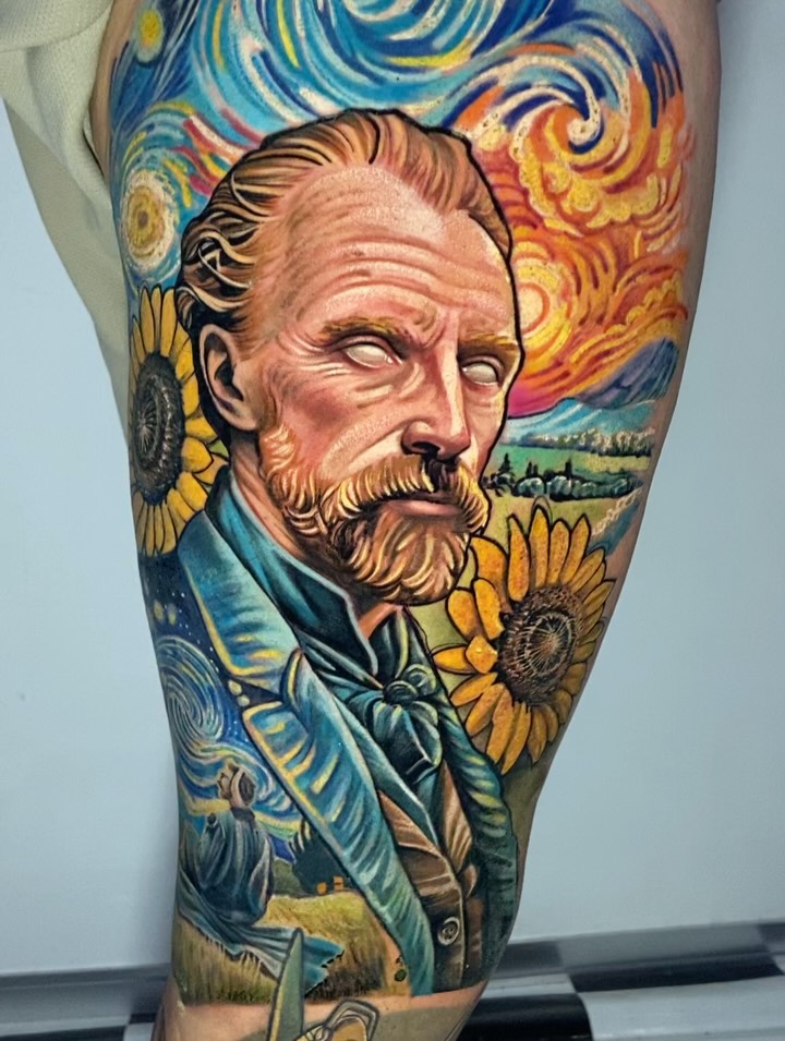 Vibrant Van Gogh-inspired portrait with sunflowers and swirls