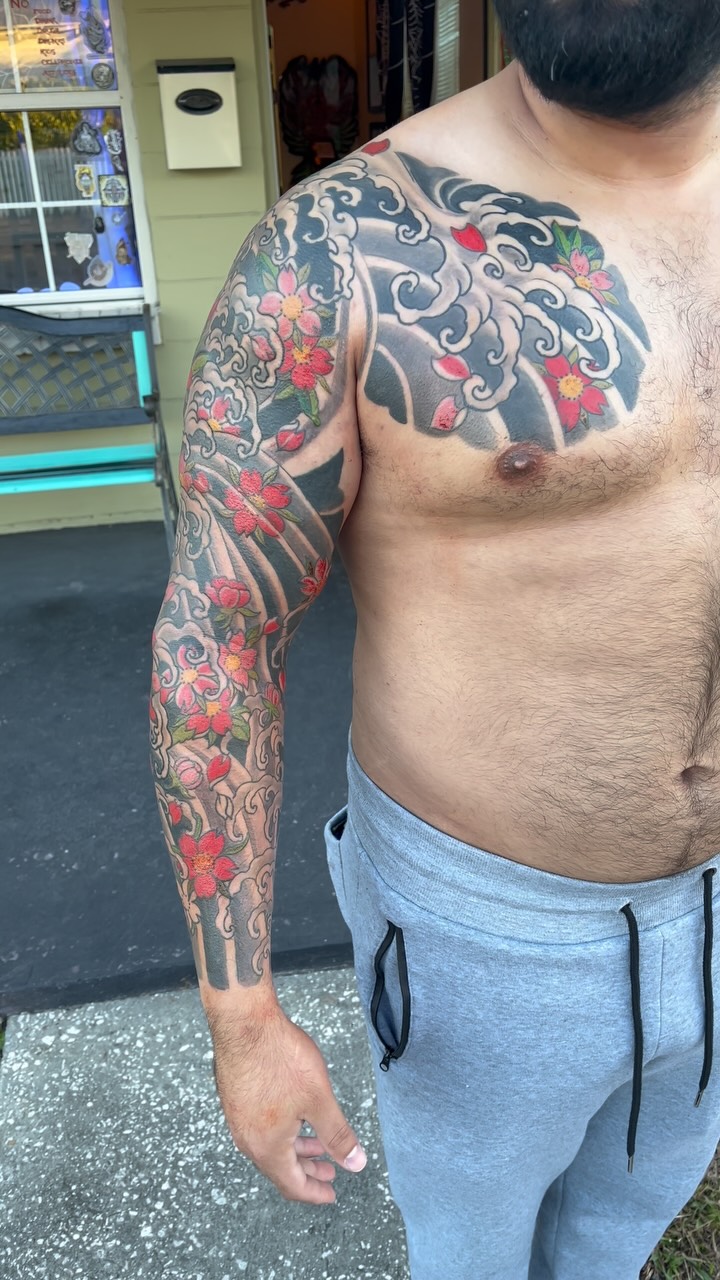 Bold Japanese sleeve with waves and cherry blossoms