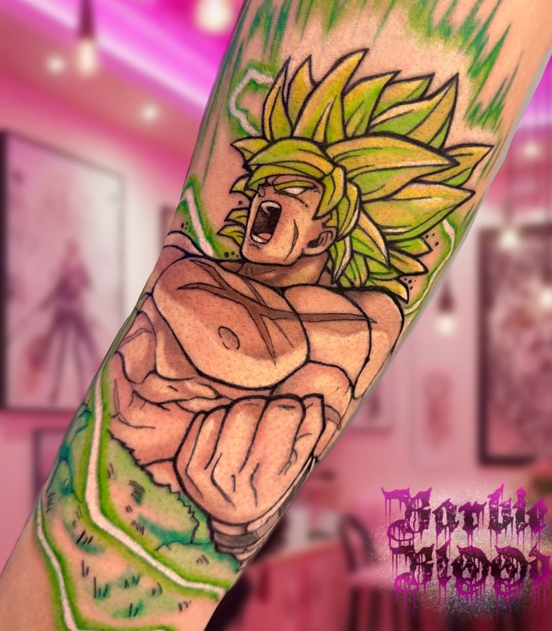 Dragon Ball character in explosive, neon-green Super Saiyan colors
