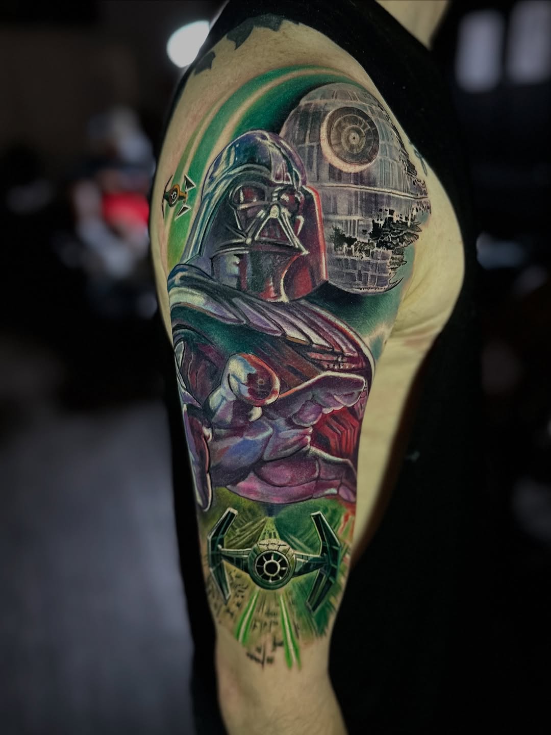 Vibrant Star Wars sleeve with Vader, Falcon, TIE swarm