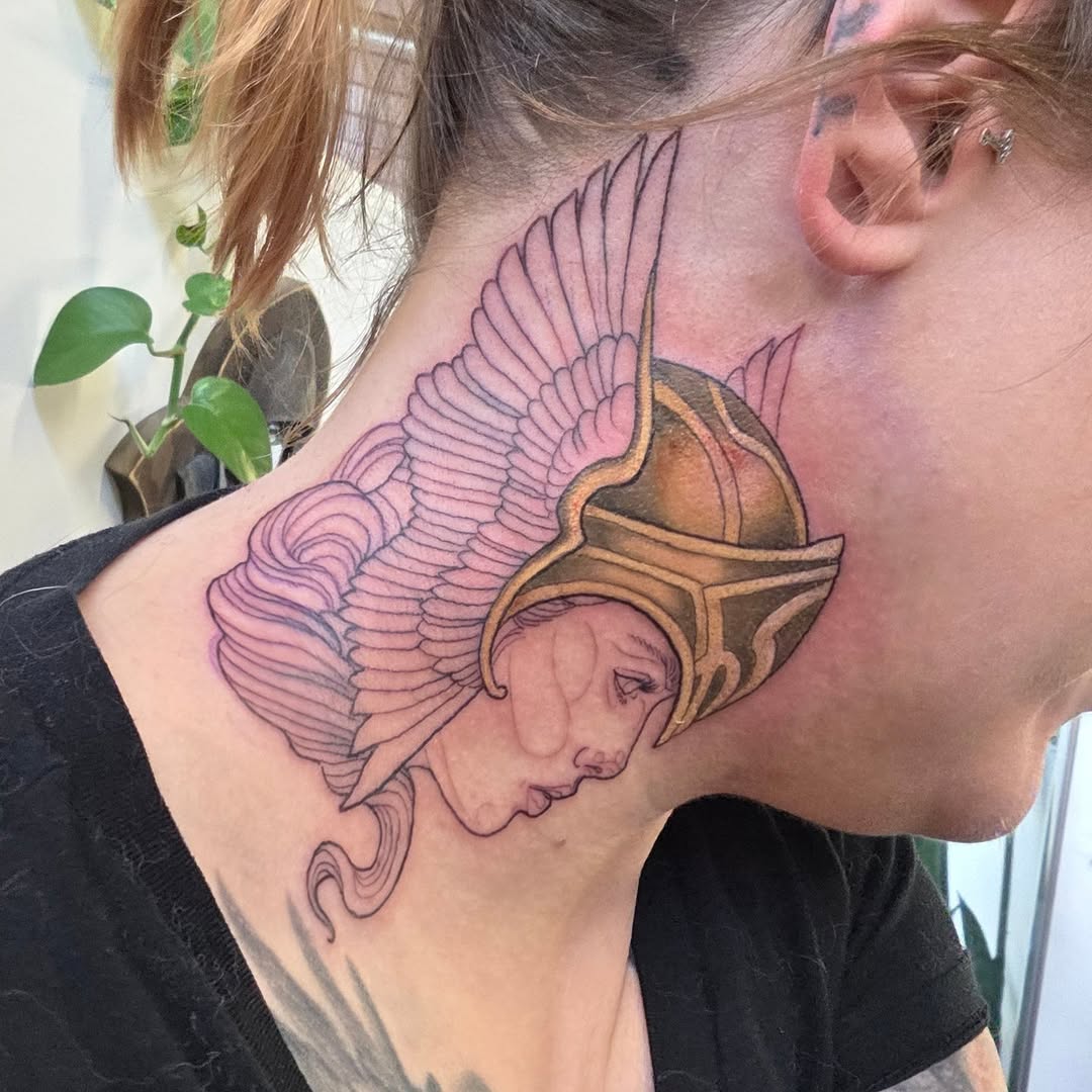 Neo-traditional Valkyrie head with winged helmet and pink shading