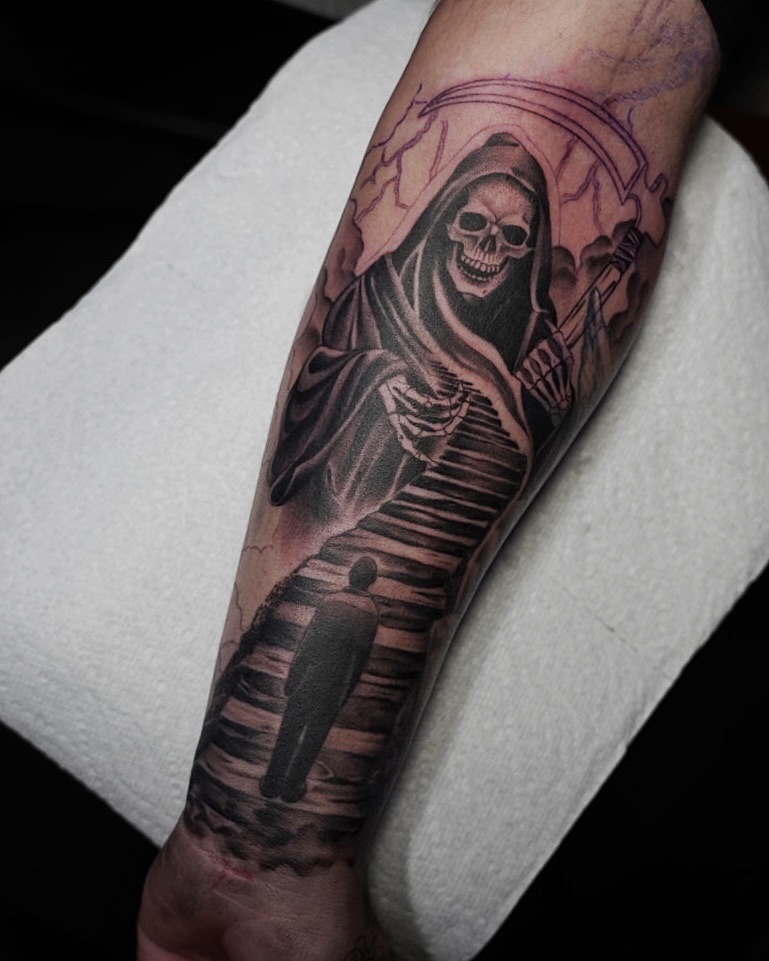 Monochrome grim reaper over shadowy stairway