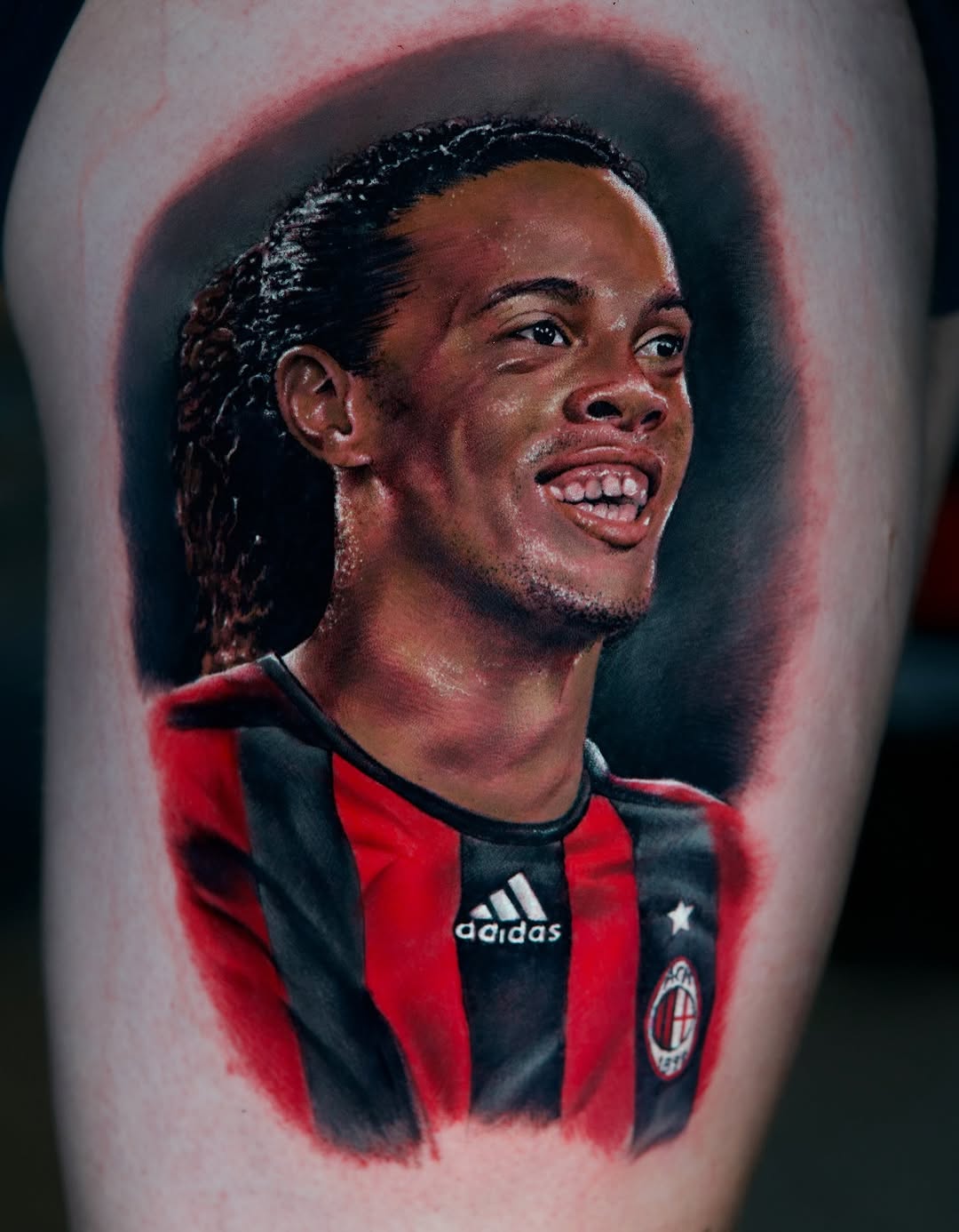 Photorealistic color portrait of Ronaldinho on calf