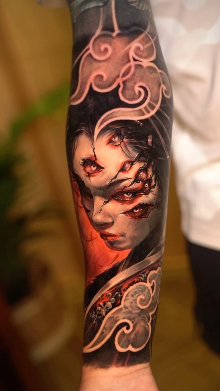 Striking surreal portrait tattoo with cracking mask and clouds