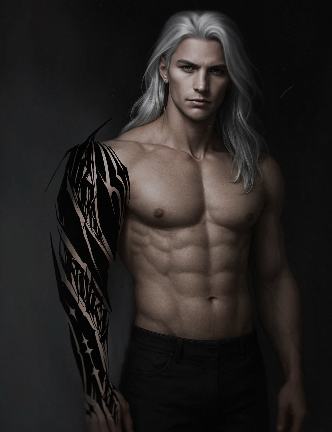 Bold black geometric sleeve spans shoulder to upper arm.