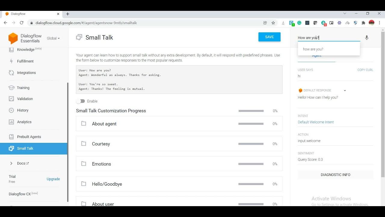 Google Dialogflow | SmallTalk | Chatbots | part 3