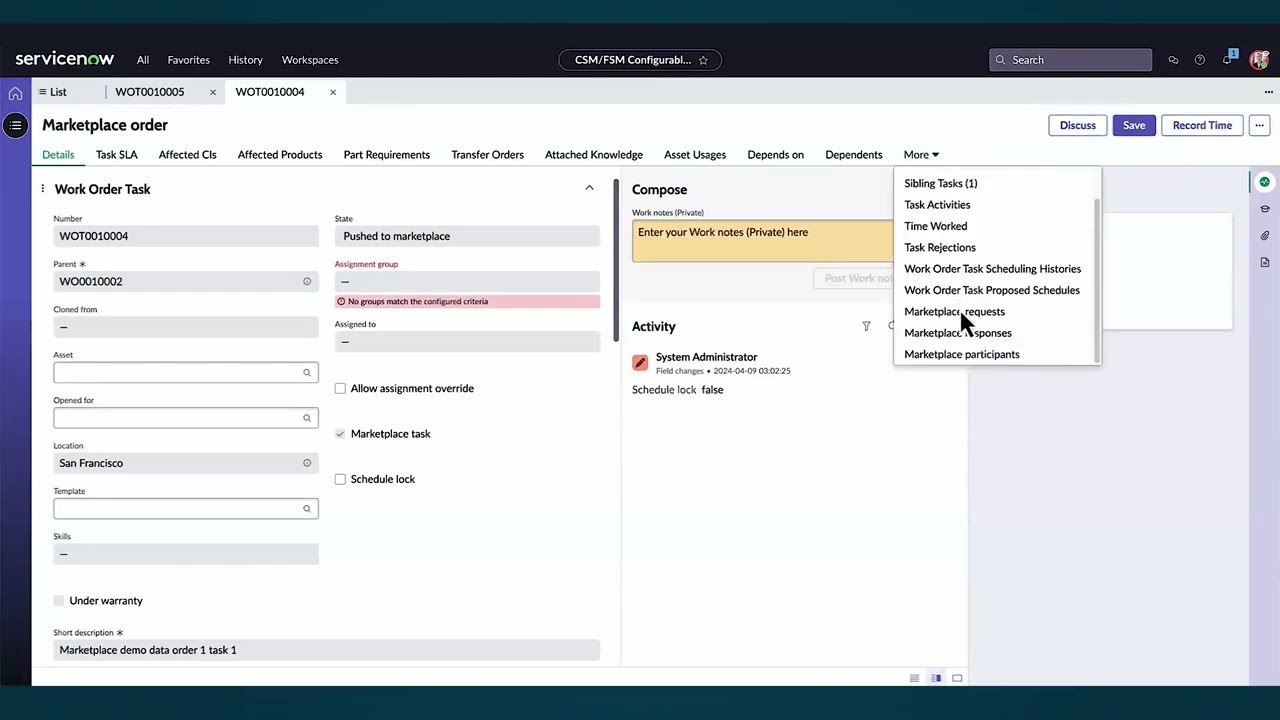 Push a request to Field Service Marketplace with lists and forms