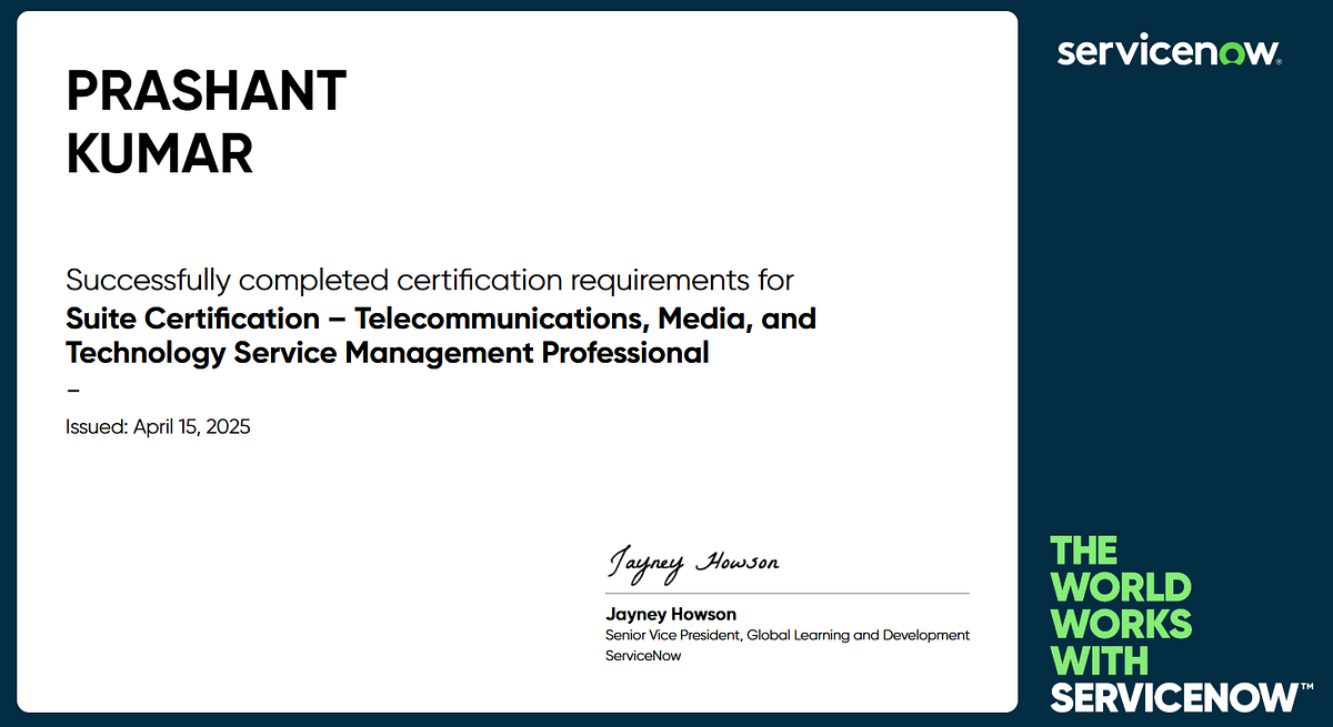 Suite Certification — Telecommunications, Media, and Tehnology ServiceManagement Professional