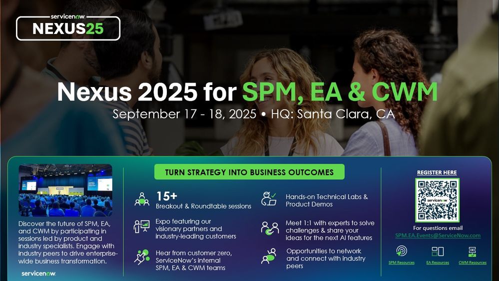 Register Now! Introducing In-Person Symposium ServiceNow Nexus 2025 for SPM, EA & CWM