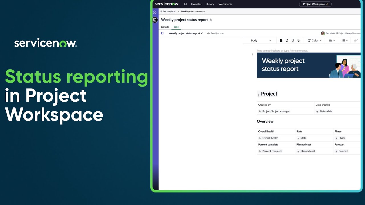Status reporting in Project Workspace