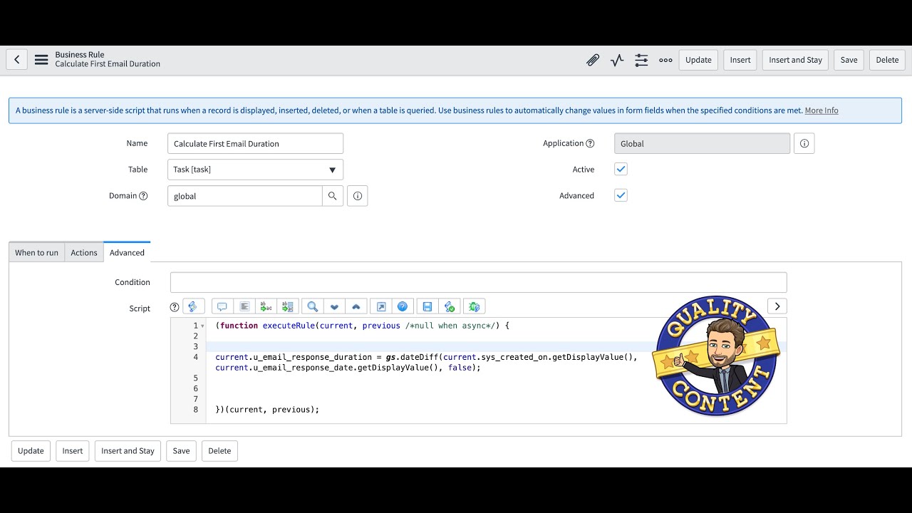 ServiceNow - Track a task's first human email response date/time and duration in Orlando