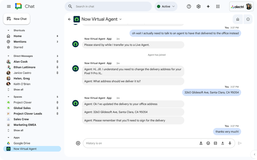Google chat integration with NLU Virtual Agent - available with the Yokohama/Zurich release
