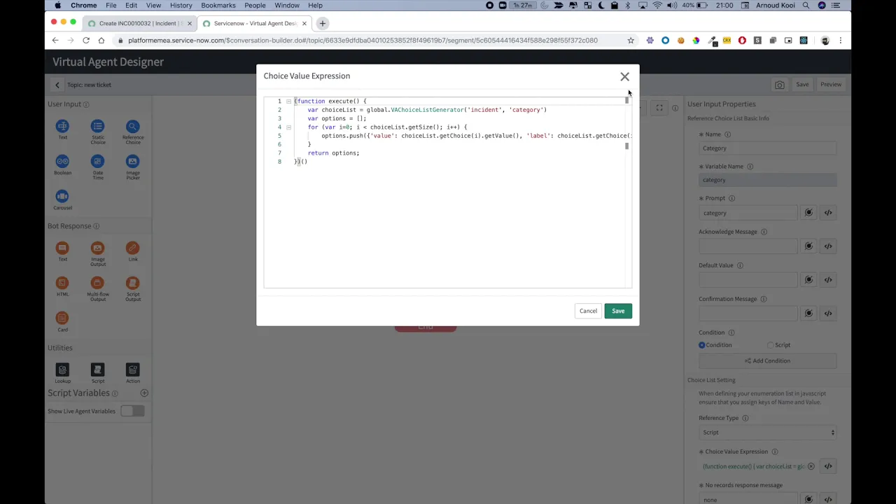 ServiceNow Virtual Agent Dependend Choice List