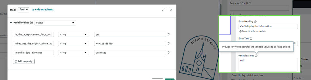 How to pass variable values into the Catalog Item component
