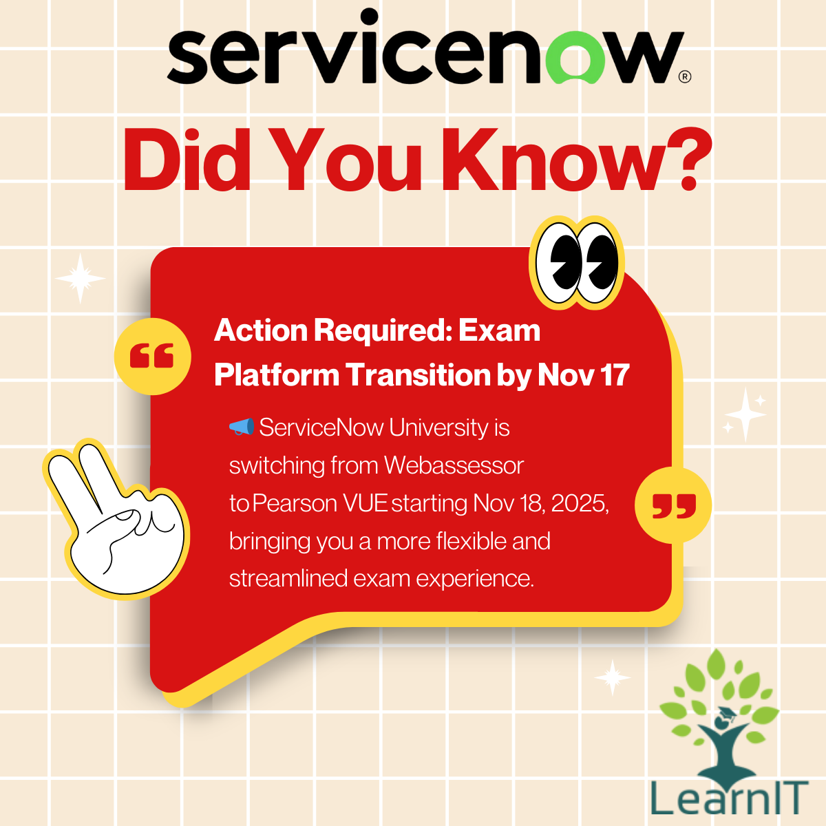 ServiceNow Exam Platform Transition by Nov 17 from Webassessor to Pearson VUE