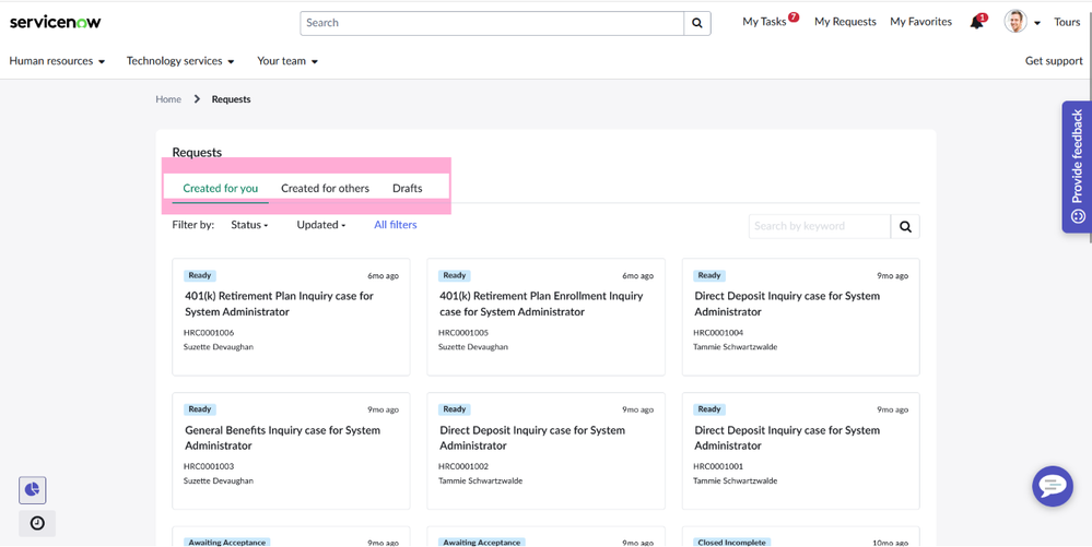 Enhanced Requests experience - Top level Filter configurations