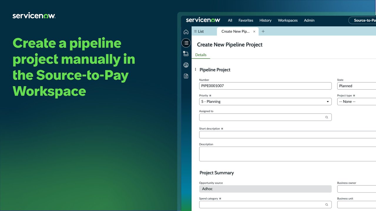 Create a pipeline project manually in the Source to Pay Workspace