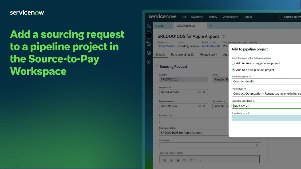 Add a sourcing request to a pipeline project in the Source to Pay Workspace