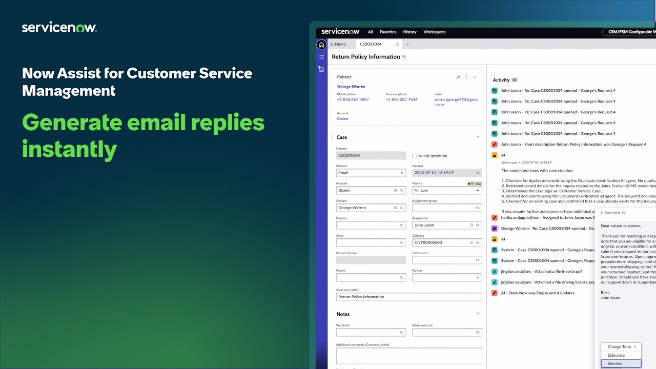 Generate email replies instantly | Now Assist for Customer Service Management