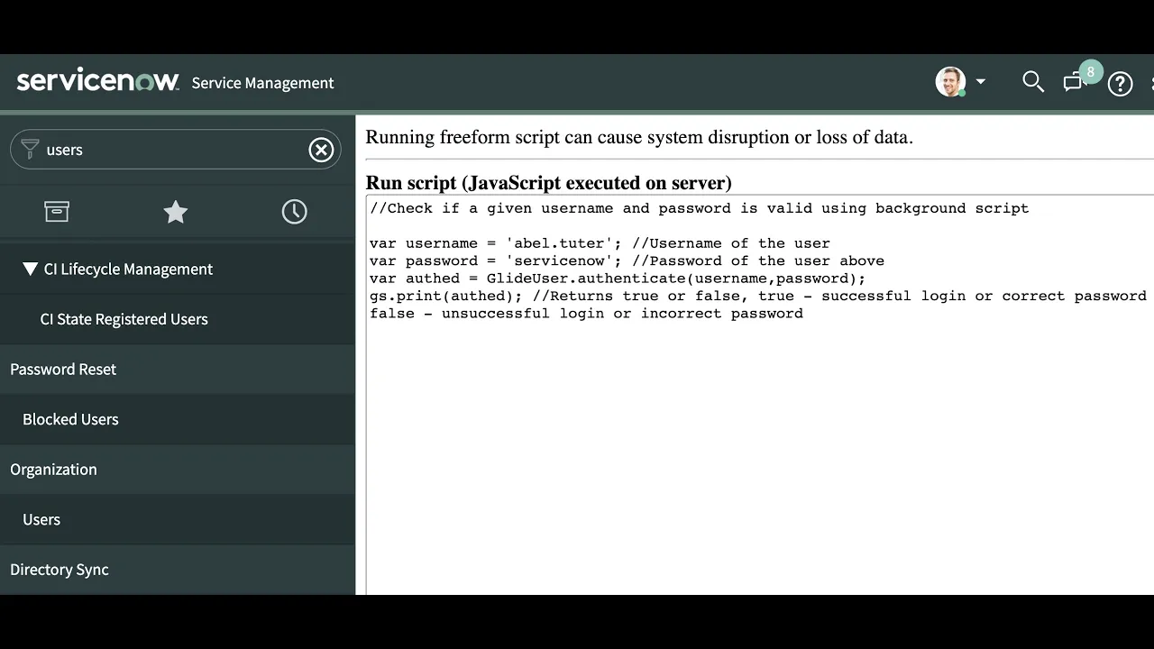 Check if a given username & password combination is valid in ServiceNow using Background Script
