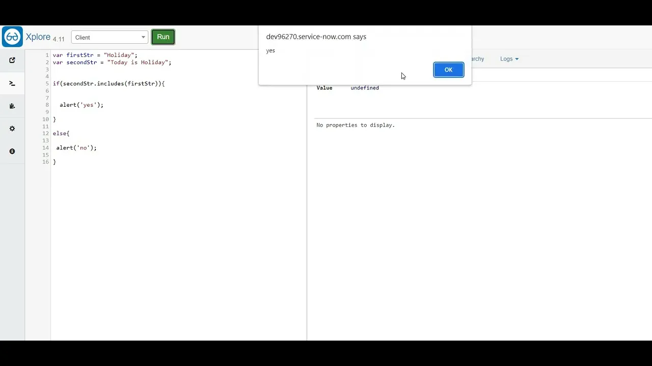 Search for a string in a string | Javascript functions | ServiceNow