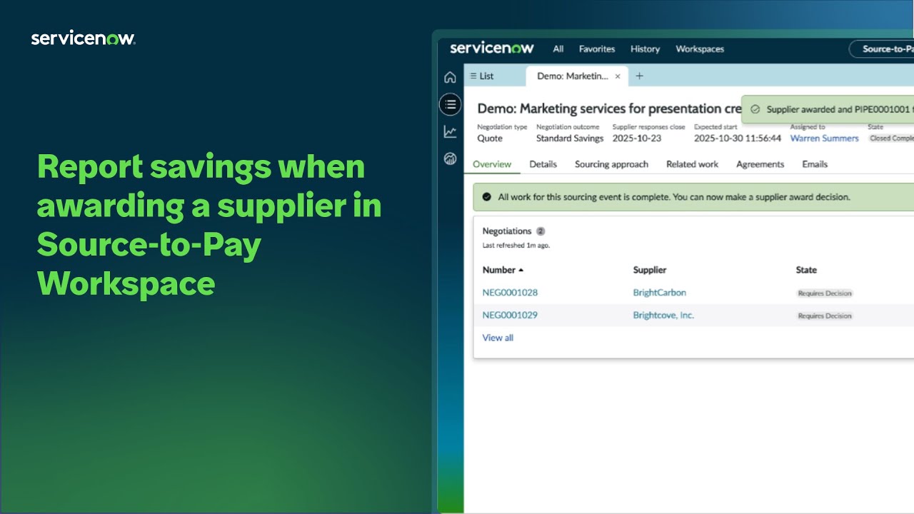 Report savings when awarding a supplier in Source to Pay Workspace