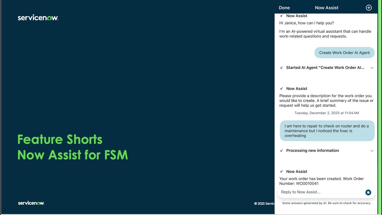 Now Assist for FSM: Create Work Order AI Agent and Summarize Work Order with Smart Assessment Data