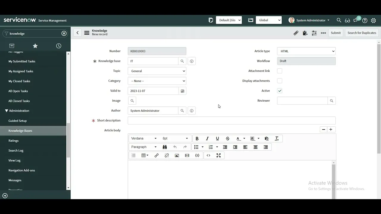 Set knowledge article expiry | Use-case | ServiceNow